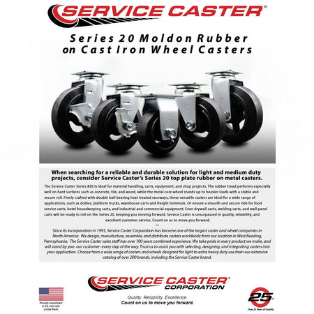 Service Caster 4 Inch Rubber on Cast Iron Swivel Caster Set with Ball Bearings and Brakes SCC-20S420-RSB-TLB-4